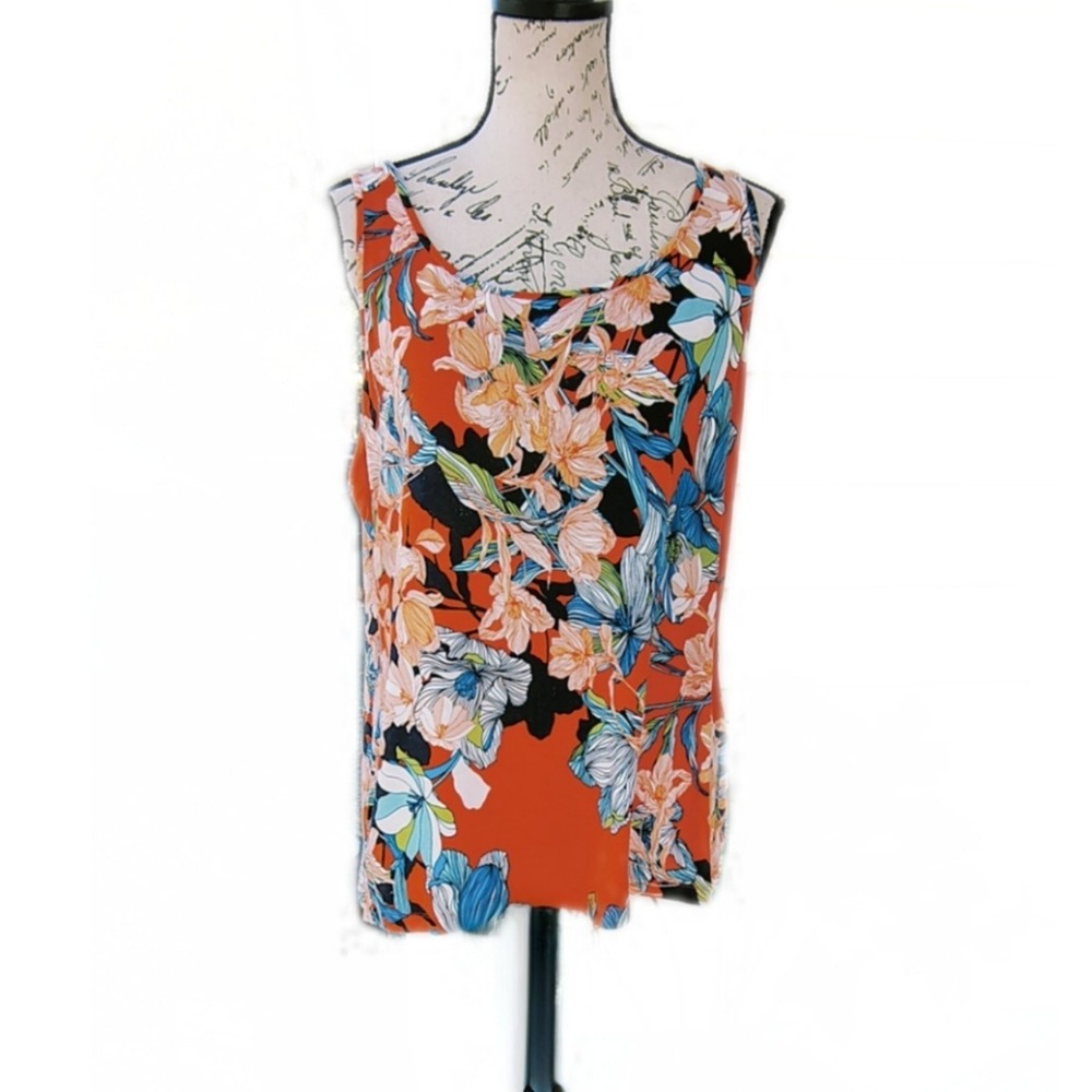 Chicos Womens Tropical‎ Floral Tank Top Large Orange Rayon Summer Coastal